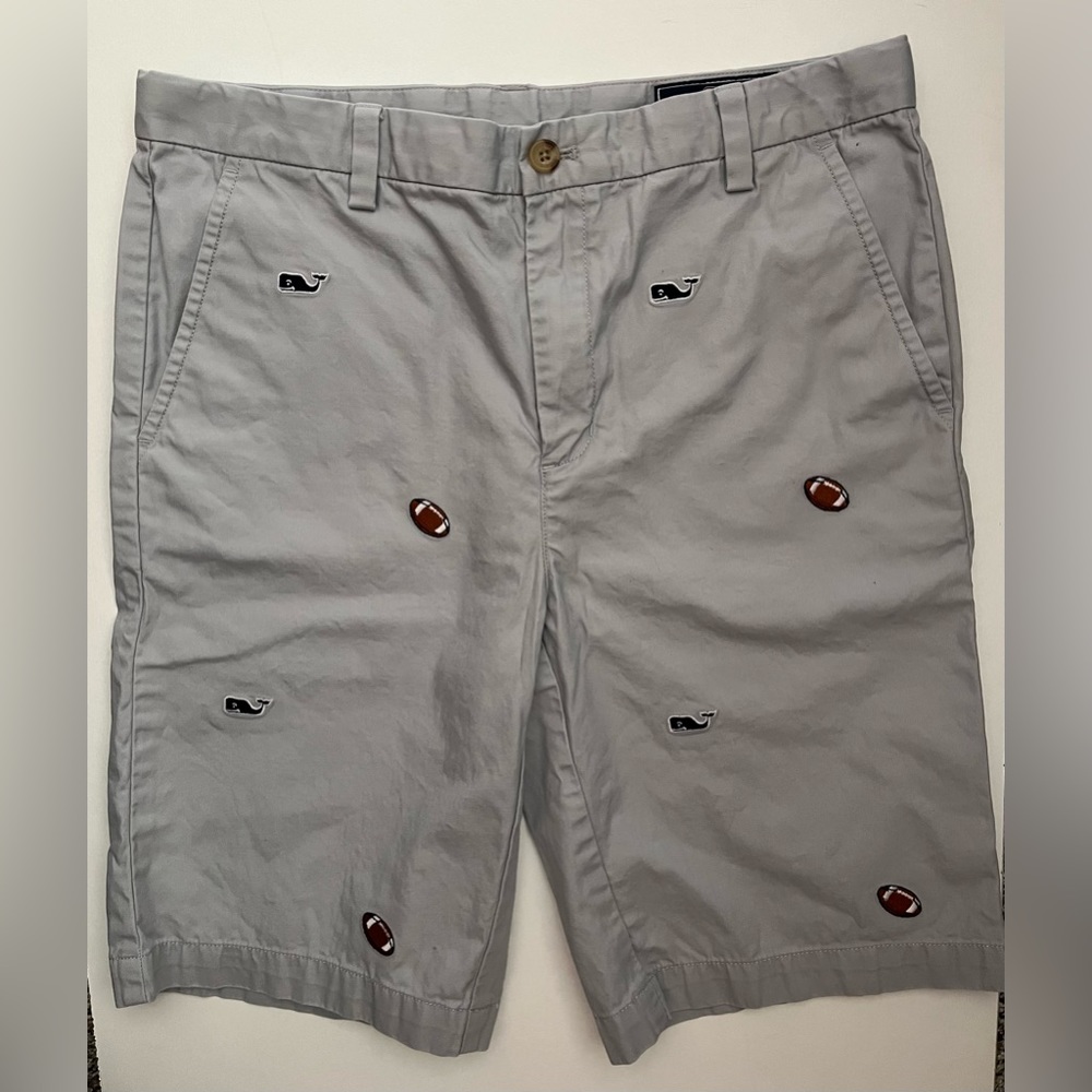 Vineyard Vines Boys Youth Size 18 Gray Embroidered Footballs/Whale Chino Shorts